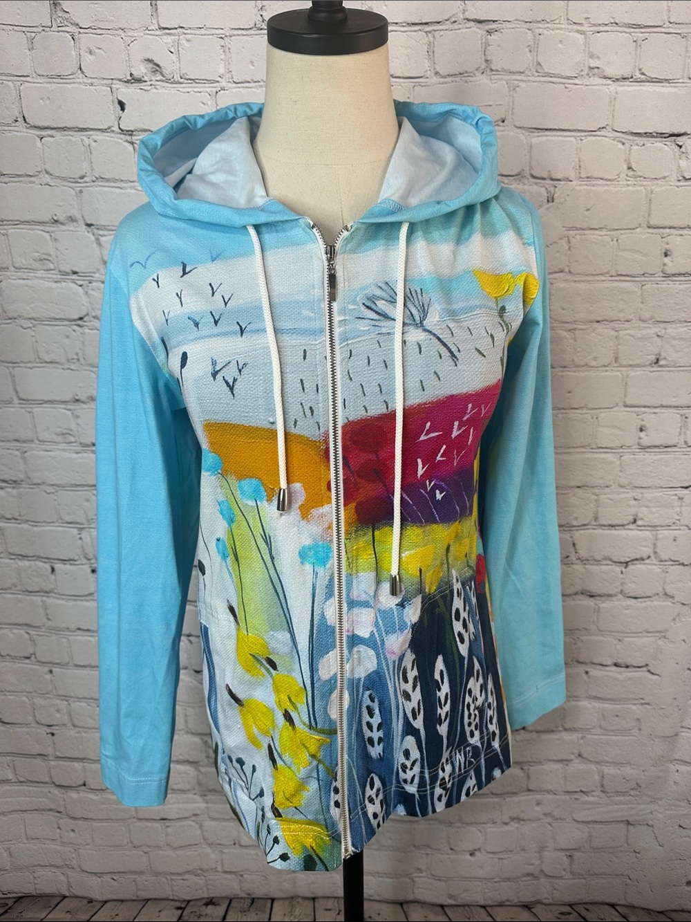 Dolcezza Wearable Art Zip Jacket Hoodie XS - S Blue Floral